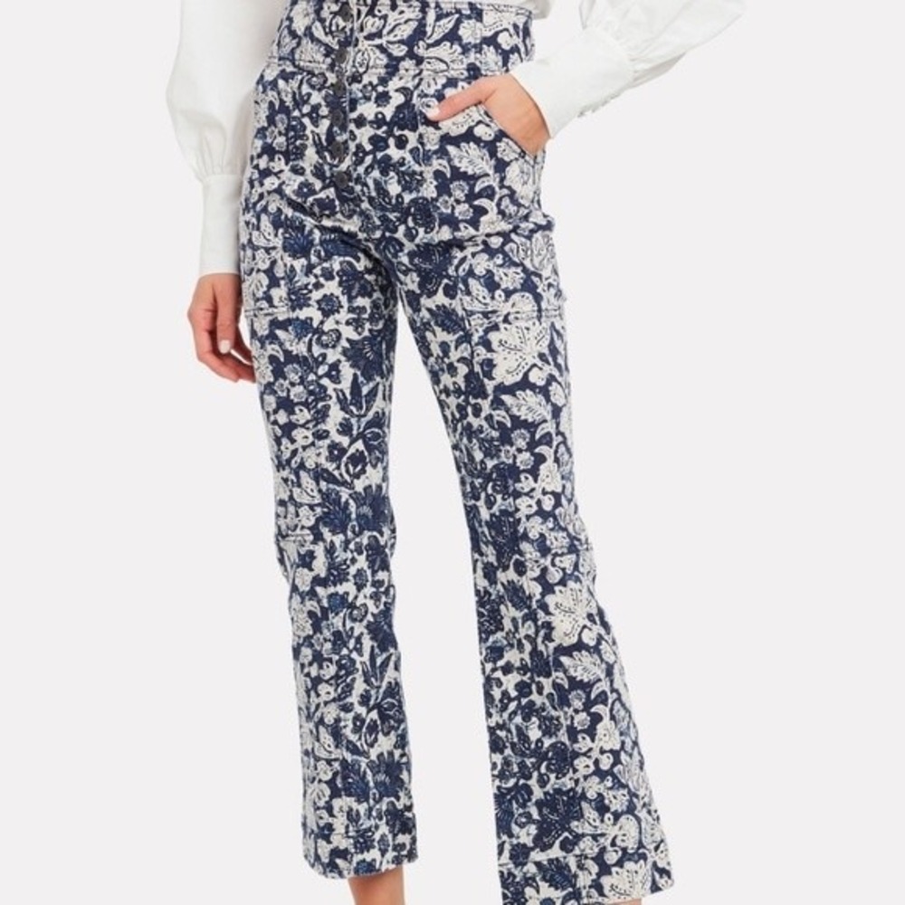 Ulla Johnson Ellis Floral Cropped Jeans Blue High Waisted Wide Leg Button Fly 6